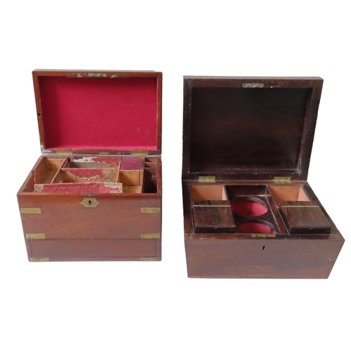 509 - A VICTORIAN MAHOGANY AND BRASS BOUND CAMPAIGN BOX, with two spring loaded hidden drawers and compart... 