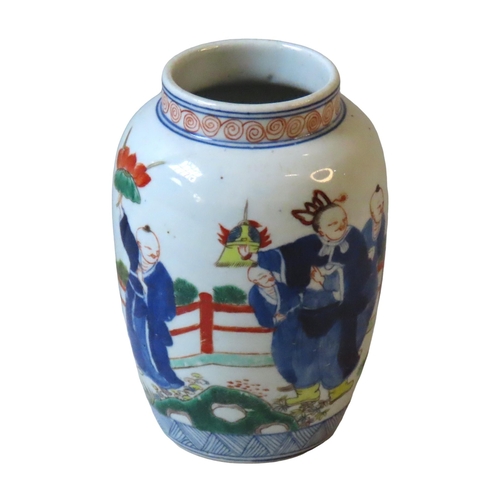 185 - A CHINESE WUCAI DECORATED BALUSTER JAR, 19/20TH CENTURY, in the Transitional style16.5 cm high