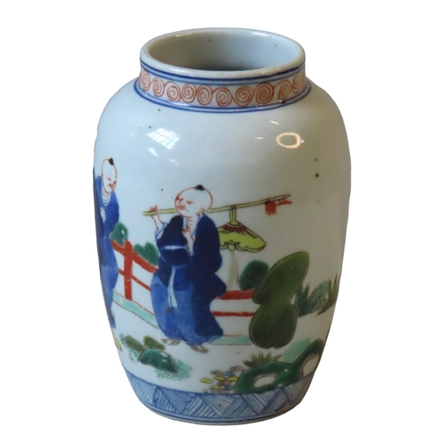 185 - A CHINESE WUCAI DECORATED BALUSTER JAR, 19/20TH CENTURY, in the Transitional style16.5 cm high