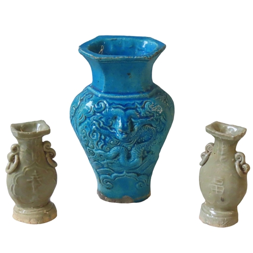 166 - A CHINESE TURQUOISE GLAZED 'DRAGON' MOULDED VASE, 17TH CENTURY, together with two late Ming celadon ... 