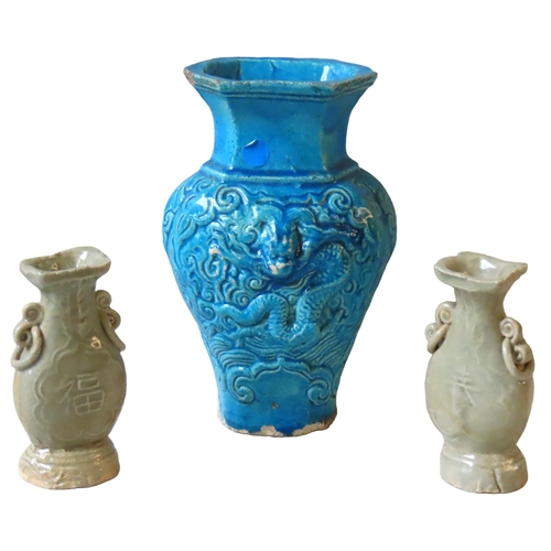 166 - A CHINESE TURQUOISE GLAZED 'DRAGON' MOULDED VASE, 17TH CENTURY, together with two late Ming celadon ... 