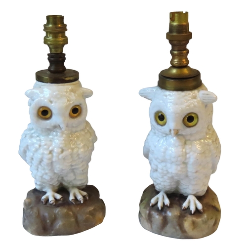 290 - A PAIR OF GERMAN PORCELAIN SPIRIT LAMP BASES, LATE 19TH CENTURY, modelled as owls,  sat on rocky out... 