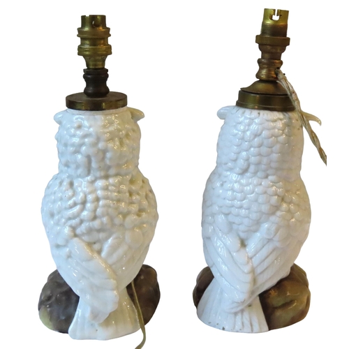 290 - A PAIR OF GERMAN PORCELAIN SPIRIT LAMP BASES, LATE 19TH CENTURY, modelled as owls,  sat on rocky out... 