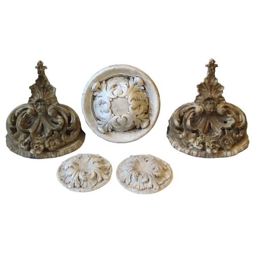 606 - A PAIR OF VINTAGE PLASTER WALL NICHES AND THREE CEILING BOSSES, the niches with scroll foliate rocai... 