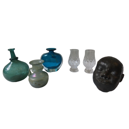 316 - AN MDINA GLASS VASE OF FLATTENED OVOID FORM, two Roman style glass flasks, a pottery head of a child... 