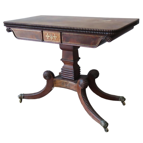 58 - A GEORGE III MAHOGANY FOLD-OVER TEA TABLE, the hinged rectangular top and frieze panels with brass i... 