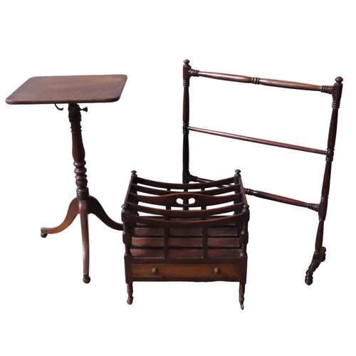 15 - A ROSEWOOD CANTERBURY AND A MAHOGANY READING TABLE, 19TH CENTURY, the four section canterbury raised... 