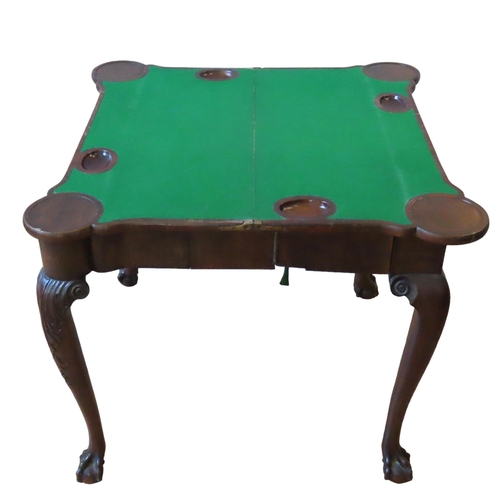 59 - A 19TH MAHOGANY FOLD-OVER CARD TABLE, the hinged rectangular top opening to reveal a baize lined int... 