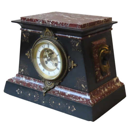 98 - A FRENCH 19TH CENTURY SLATE AND MARBLE CASED BRACKET CLOCK, the tapering sides of the case decorated... 