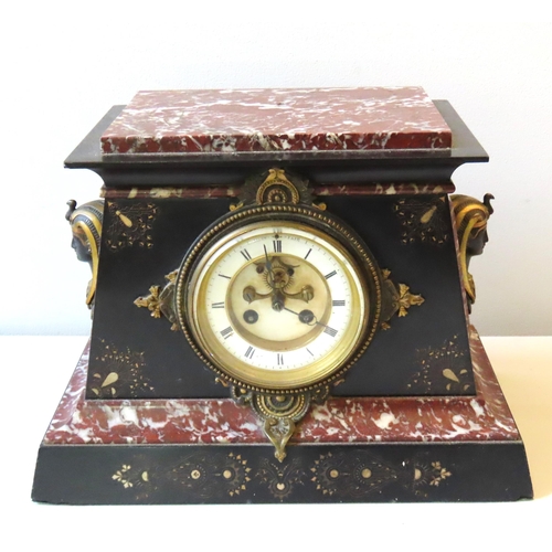 98 - A FRENCH 19TH CENTURY SLATE AND MARBLE CASED BRACKET CLOCK, the tapering sides of the case decorated... 