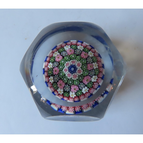 322 - A FACETED BLUE STRIPED BACCARAT-STYLE MILLEFIORE PAPERWEIGHT