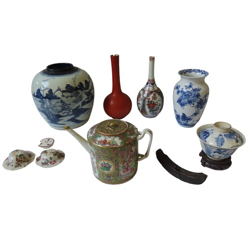 609 - A CANTONESE TEAPOT, a ginger jar, an Imari bottle vase and various other oriental ceramics.24 cms ma... 