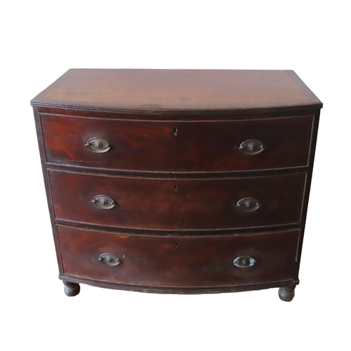 40 - A 19TH CENTURY MAHOGANY CROSS BANDED CHEST OF DRAWERS, bow front form with three graduated long draw... 