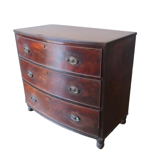 40 - A 19TH CENTURY MAHOGANY CROSS BANDED CHEST OF DRAWERS, bow front form with three graduated long draw... 