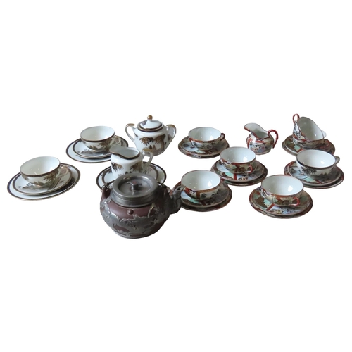 165 - A CHINESE PEWTER MOUNTED YIXING TEAPOT, the sides decorated with scaly dragons (9 cm high)together w... 