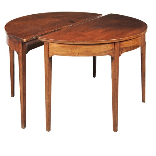 17 - A PAIR OF GEORGE III HALF DEMI LUNE TABLES, raised on square tapering legs72 cm x 117 cm each... 