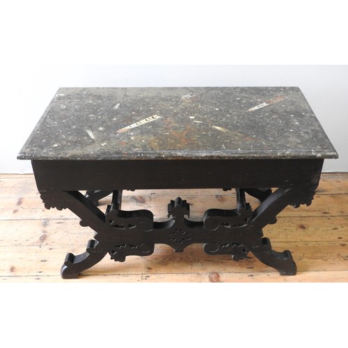 47 - A FOSSIL MARBLE TOP TABLE, 19TH CENTURY, the bevelled rectangular marble slab with clearly visible O... 