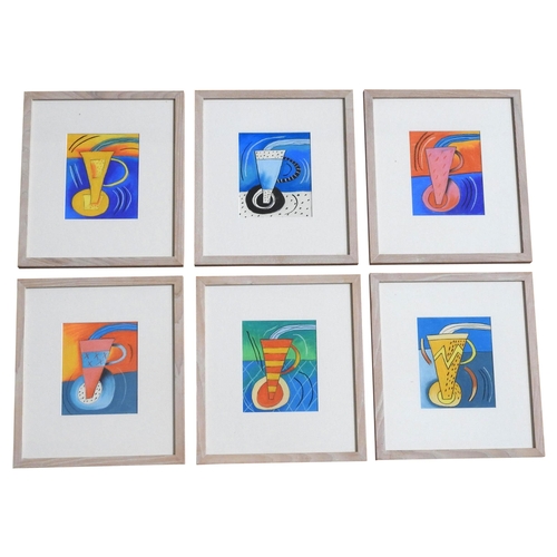 626 - NELL NILE (b. 1948) SIX ABSTRACT PASTEL ON PAPER PICTURES OF COFFEE CUPS, with light coloured mounts... 