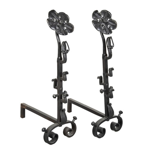 136 - A PAIR OF ARTS & CRAFTS COTSWOLD SCHOOL ANDIRONS, attributed to Thornton & Downer, surmounte... 