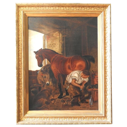 513 - AFTER EDWIN HENRY LANDSEER , 'SHOEING THE BAY MARE' OIL PAINTING ON CANVAS, signed and dated 'Harold... 