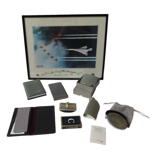 436 - CONCORD MEMORABILIA consisting of a signed Red Arrows and Concord print, Concord hip flask, ink blot... 