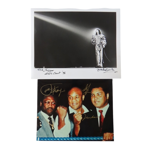 435 - MUHAMMAD ALI, JOE FRAZIER AND GEORGE FOREMAN, A COLOUR PHOTOGRAPH signed by all three in gold pen an... 