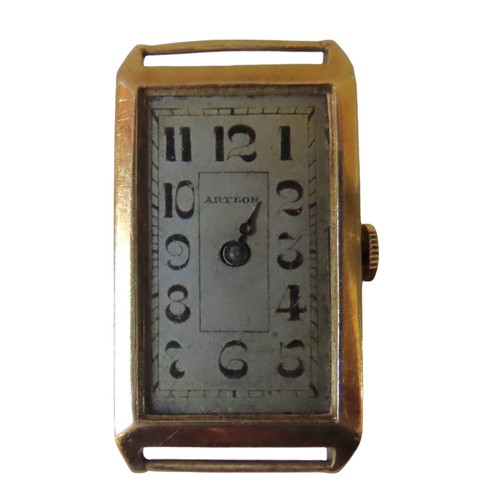 602 - A VINTAGE GOLD ART DECO WATCH, rectangular form case, the dial signed Arteon, missing it's glass fro... 