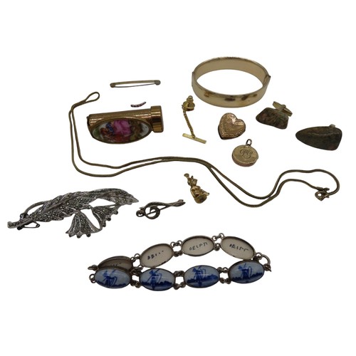 615 - A MIXED GROUP OF COSTUME JEWELLERY, including two marcasite brooches, two filled gold lockets, a gol... 