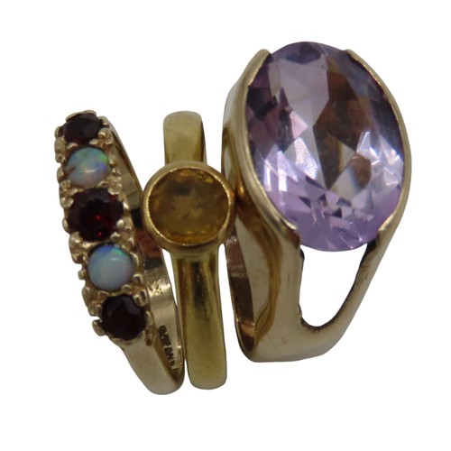 616 - A 22CT GOLD SOLITAIRE RING AND TWO 9CT GOLD GEM SET RINGS, all variously set with cirtrine, amethyst... 