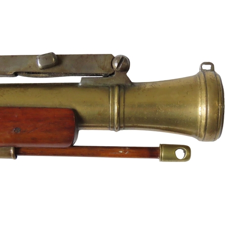 245 - A FLINTLOCK COACHING BLUNDERBUSS C1800, unnamed, with top folding bayonet, the brass flared barrel s... 