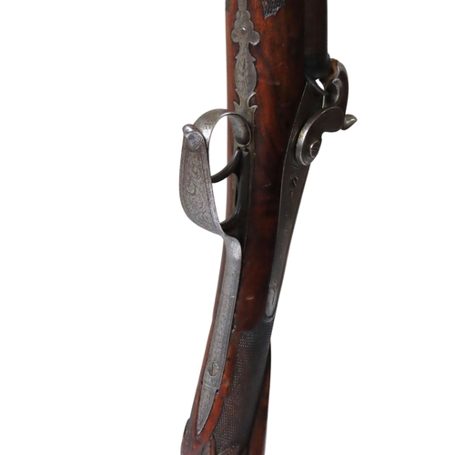 246 - A PERCUSSION DOUBLE BARRELLED SHOTGUN BY SPENCER OF SHEFFIELD with browned damascus barrels, horn ti... 