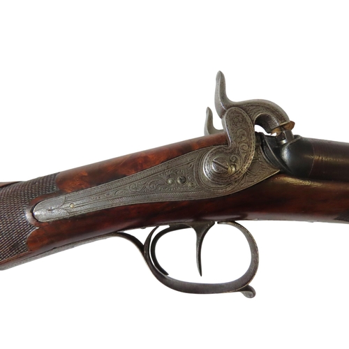 246 - A PERCUSSION DOUBLE BARRELLED SHOTGUN BY SPENCER OF SHEFFIELD with browned damascus barrels, horn ti... 