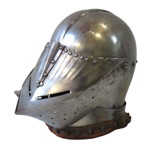 722 - A 19TH CENTURY REPLICA MEDIEVAL MAXIMILLIAN STYLE FULL FACE HELMET, the hinged pointed visor in two ... 