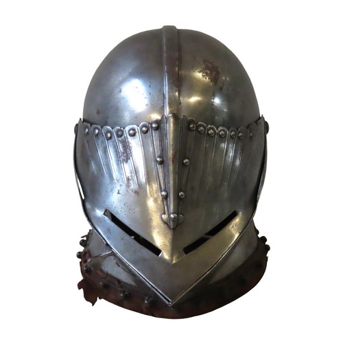 722 - A 19TH CENTURY REPLICA MEDIEVAL MAXIMILLIAN STYLE FULL FACE HELMET, the hinged pointed visor in two ... 