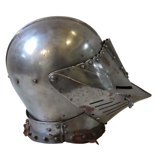 722 - A 19TH CENTURY REPLICA MEDIEVAL MAXIMILLIAN STYLE FULL FACE HELMET, the hinged pointed visor in two ... 