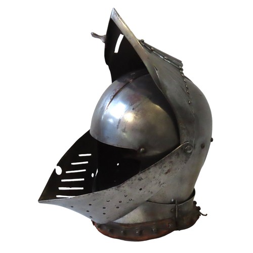 722 - A 19TH CENTURY REPLICA MEDIEVAL MAXIMILLIAN STYLE FULL FACE HELMET, the hinged pointed visor in two ... 