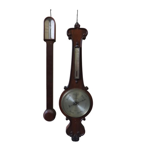 249 - A 19TH CENTURY STICK BAROMETER AND BANJO FORM ROSEWOOD BAROMETER, the stick barometer signed Dollend... 