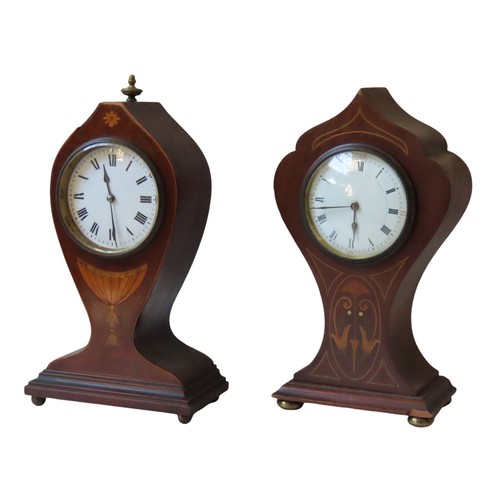 179 - TWO EDWARDIAN MAHOGANY ART NOUVEAU BALLOON CLOCKS, both of waisted form with marquetry decoration, o... 