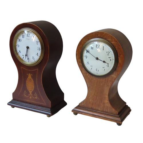 180 - AN EDWARDIAN MAHOGANY BALLOON CASE CLOCK TOGETHER WITH AN OAK BALLOON CASE CLOCK, both with 80 mm wh... 