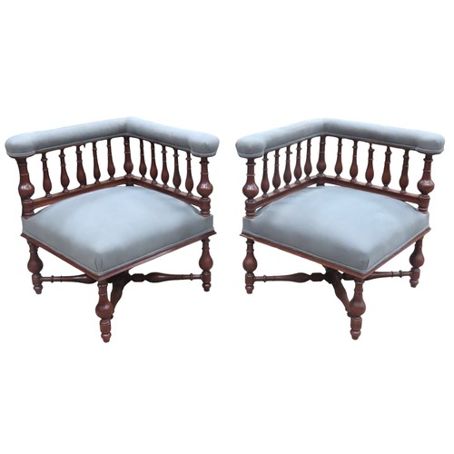 61 - A PAIR OF GALLERY BACK CORNER CHAIRS, the upholstered top right angled top rail raised on bulbous ba... 