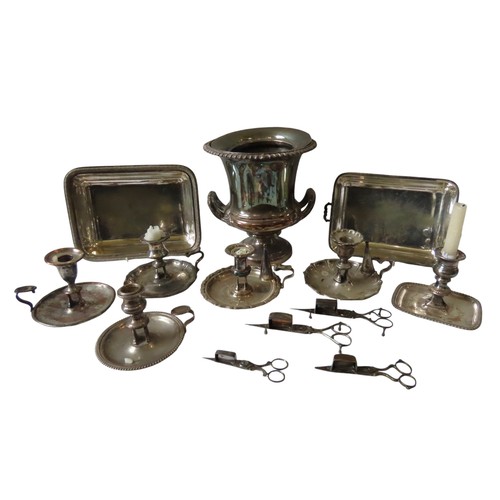 621 - A MIXED GROUP OF VINTAGE PLATED WARE, the lot consisting of six chambersticks, four scissor action c... 