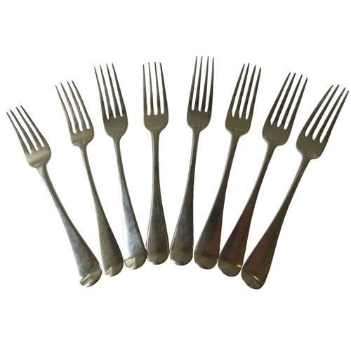 690 - A MIXED GROUP OF EIGHT GEORGIAN AND EARLY VICTORIAN SILVER TABLE FORKS, three bearing monograms, all... 