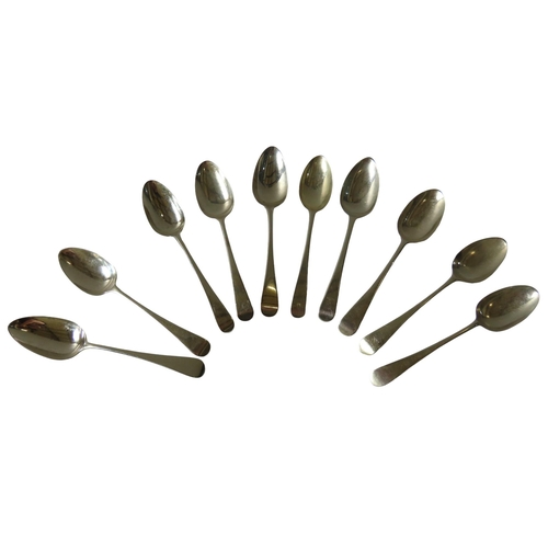 673 - A GROUP OF NINE GEORGIAN SILVER DESSERT SPOONS AND A VICTORIAN DESSERT SPOON, the majority bearing L... 