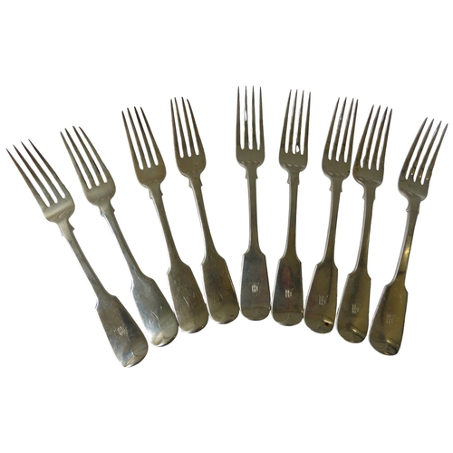 703 - A SET OF SIX WILLIAM IV TABLE FORKS AND THREE OTHERS, all fiddle pattern, the set of six marked Will... 