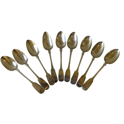 696 - A MIXED GROUP OF NINE LARGE EARLY 19TH CENTURY SILVER TABLE SPOONS, fiddle pattern with various mono... 