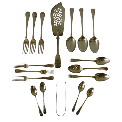 707 - A PART CANTEEN OF MATCHED SILVER FLAT WARE, MAINLY GEORGE III, the thread pattern part canteen compr... 