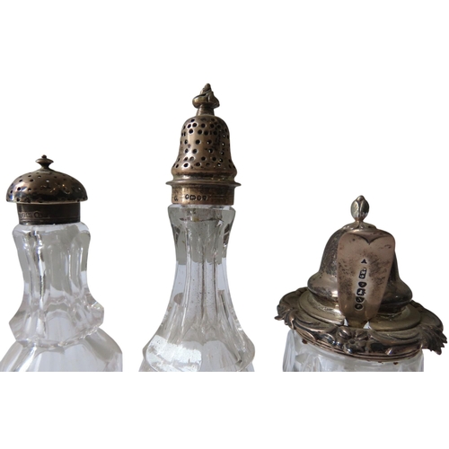 692 - AN EARLY VICTORIAN SILVER CRUET FRAME, stamped, containing three silver mounted bottles, stamped 'La... 