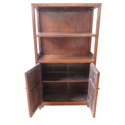 108 - A CHINESE HARDWOOD BOOKSHELF/CABINET, 20TH CENTURY, rectangular form, with two open shelves, the low... 