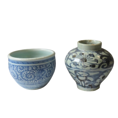 337 - A CHINESE BLUE AND WHITE POTTERY MING STYLE BALUSTER VASE AND A CHINESE JARDINIERE, 20TH CENTURY, th... 