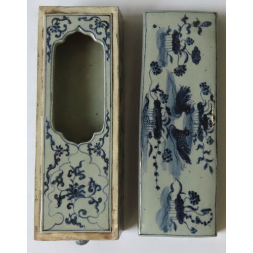 316 - A CHINESE BLUE AND WHITE PEN BOX, in the Ming style, rectangular form with cover and drawer, the int... 